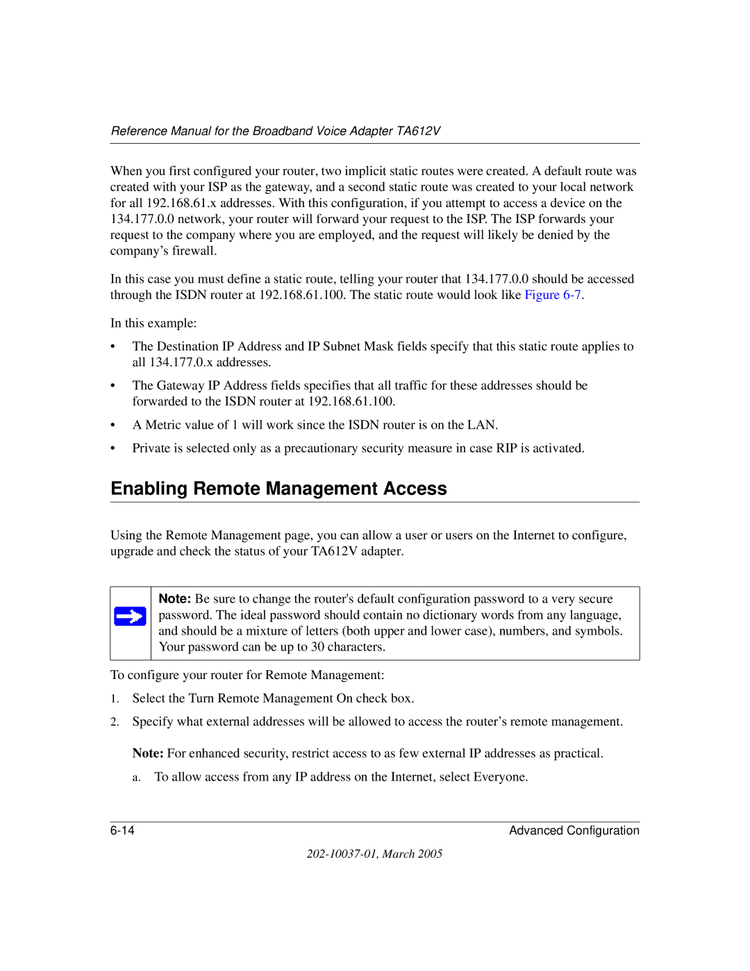 NETGEAR TA612V manual Enabling Remote Management Access 