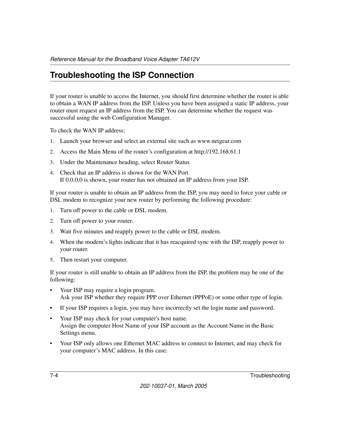 NETGEAR TA612V manual Troubleshooting the ISP Connection 