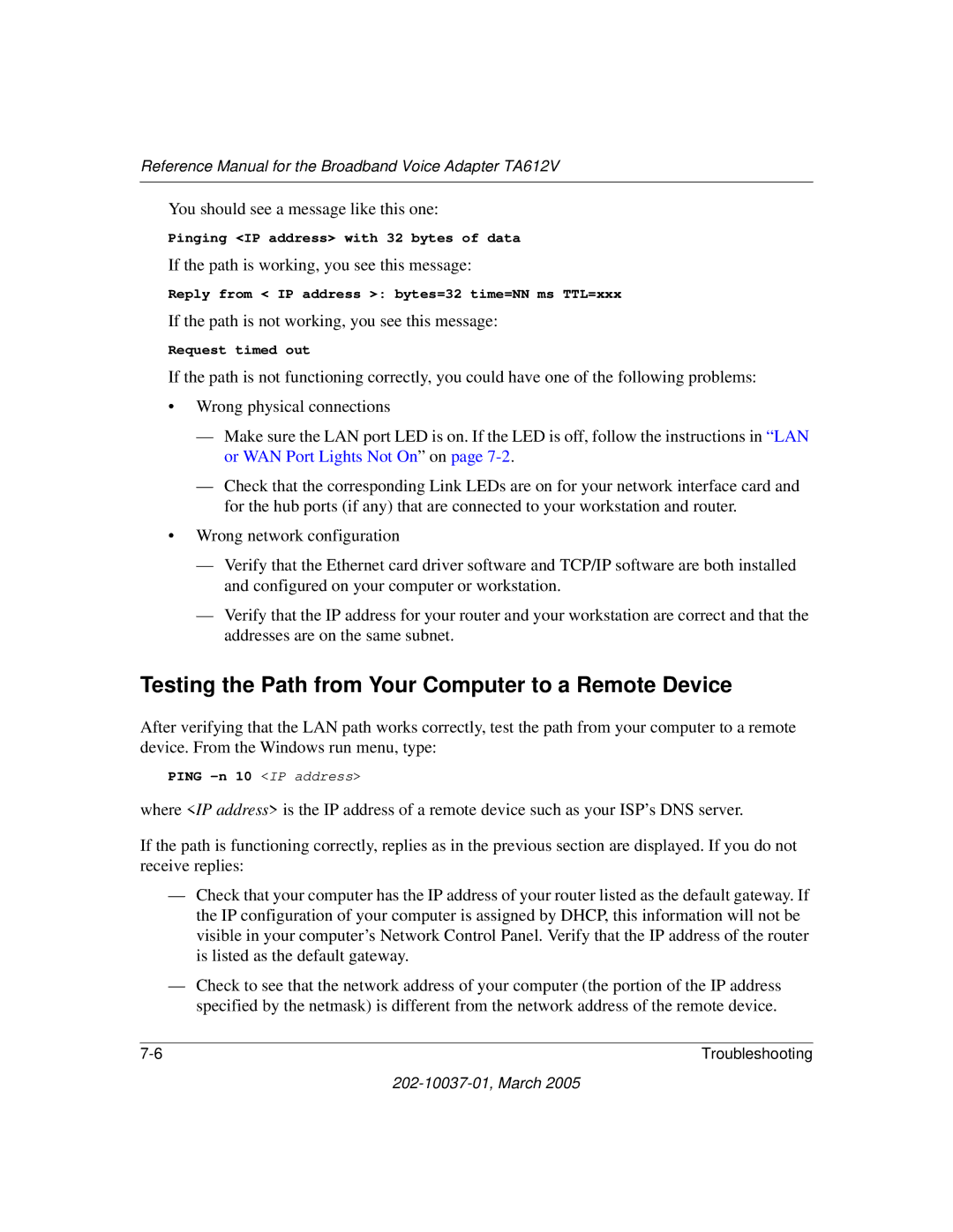 NETGEAR TA612V manual Testing the Path from Your Computer to a Remote Device 