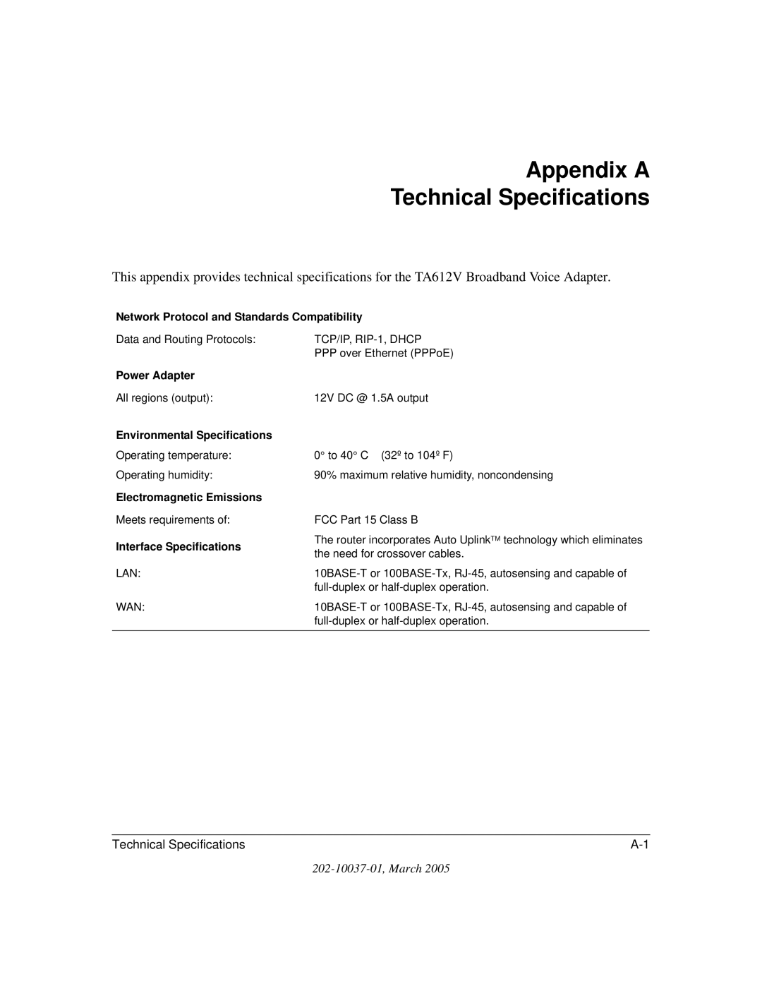 NETGEAR TA612V manual Appendix a Technical Specifications, Interface Specifications 