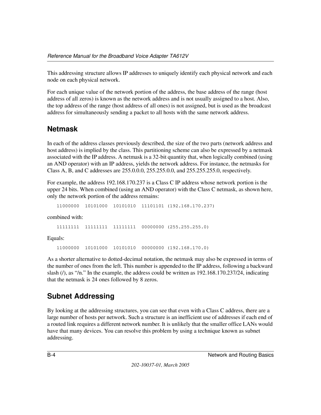 NETGEAR TA612V manual Netmask, Subnet Addressing 