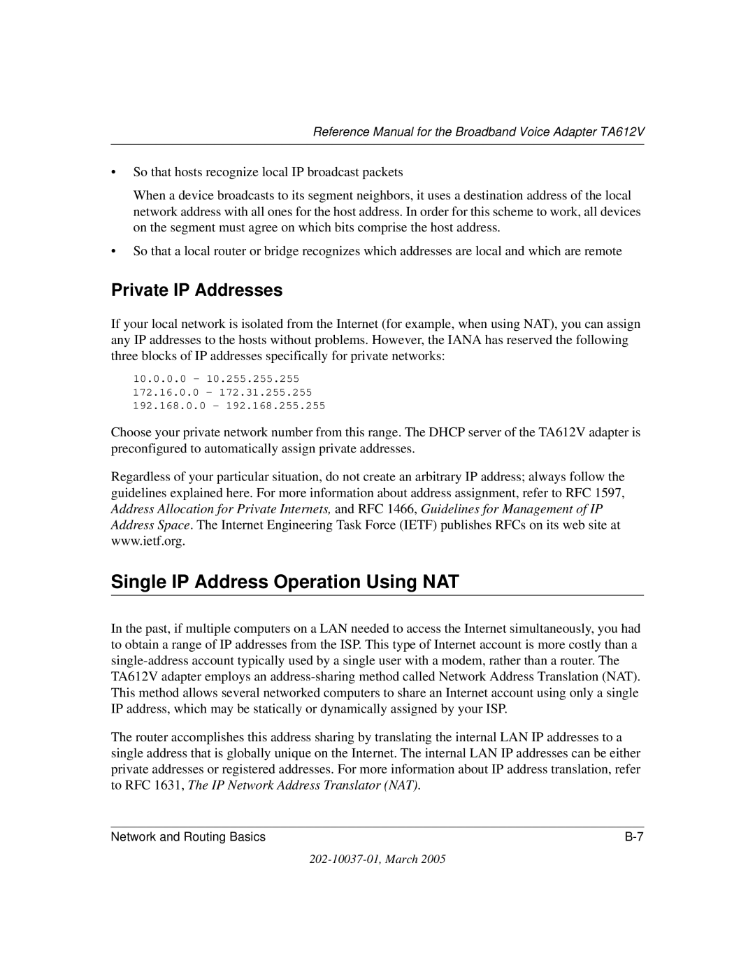 NETGEAR TA612V manual Single IP Address Operation Using NAT, Private IP Addresses 