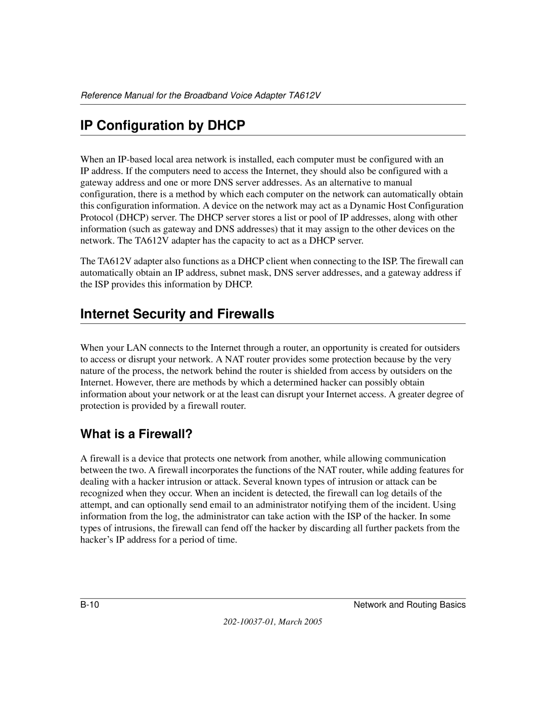 NETGEAR TA612V manual IP Configuration by Dhcp, Internet Security and Firewalls, What is a Firewall? 