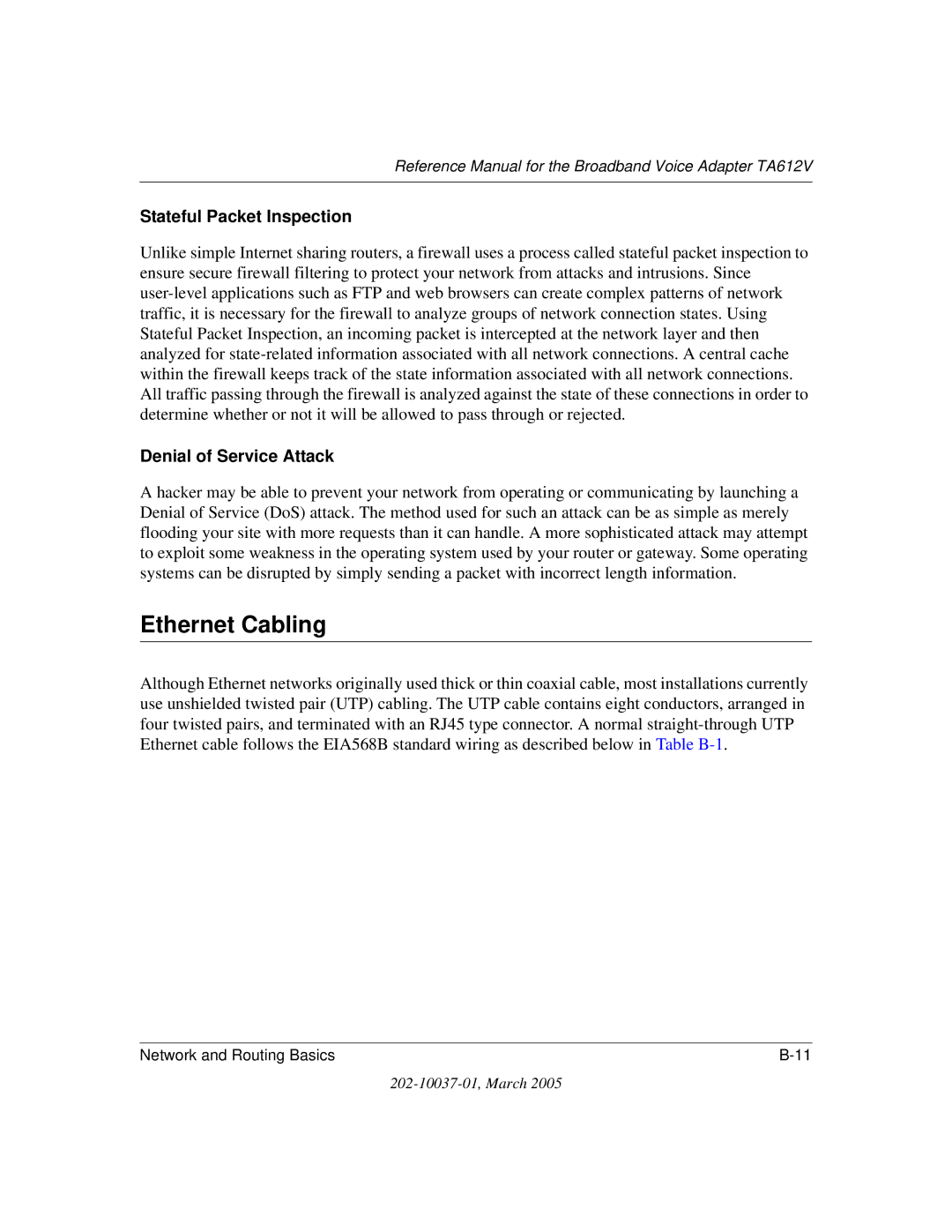 NETGEAR TA612V manual Ethernet Cabling, Stateful Packet Inspection 