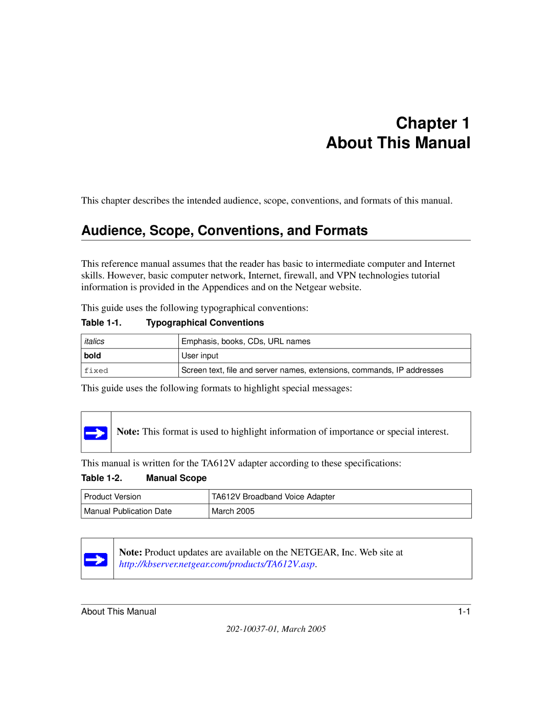 NETGEAR TA612V manual Chapter About This Manual, Audience, Scope, Conventions, and Formats 