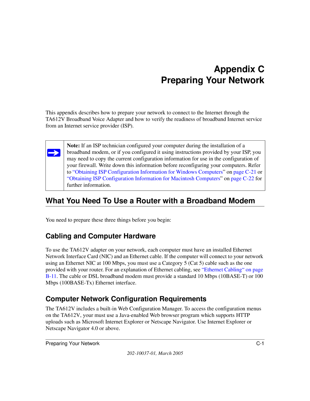 NETGEAR TA612V manual Appendix C Preparing Your Network, What You Need To Use a Router with a Broadband Modem 