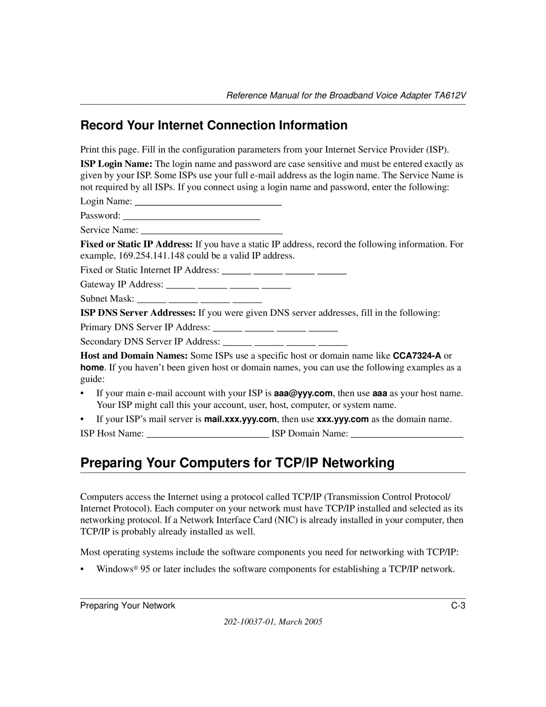 NETGEAR TA612V manual Preparing Your Computers for TCP/IP Networking, Record Your Internet Connection Information 