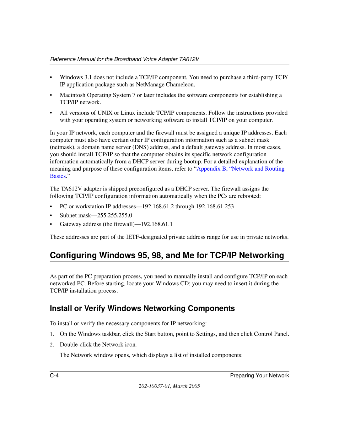 NETGEAR TA612V Configuring Windows 95, 98, and Me for TCP/IP Networking, Install or Verify Windows Networking Components 