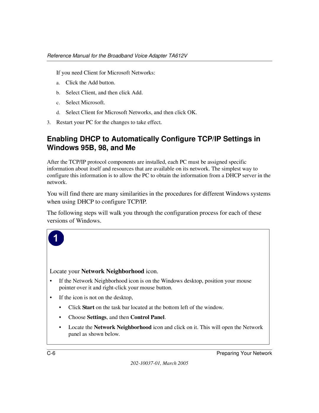 NETGEAR TA612V manual Locate your Network Neighborhood icon, Choose Settings, and then Control Panel 