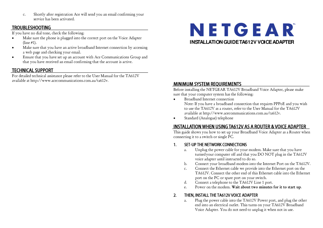 NETGEAR manual Reference Manual for the Broadband Voice Adapter TA612V 