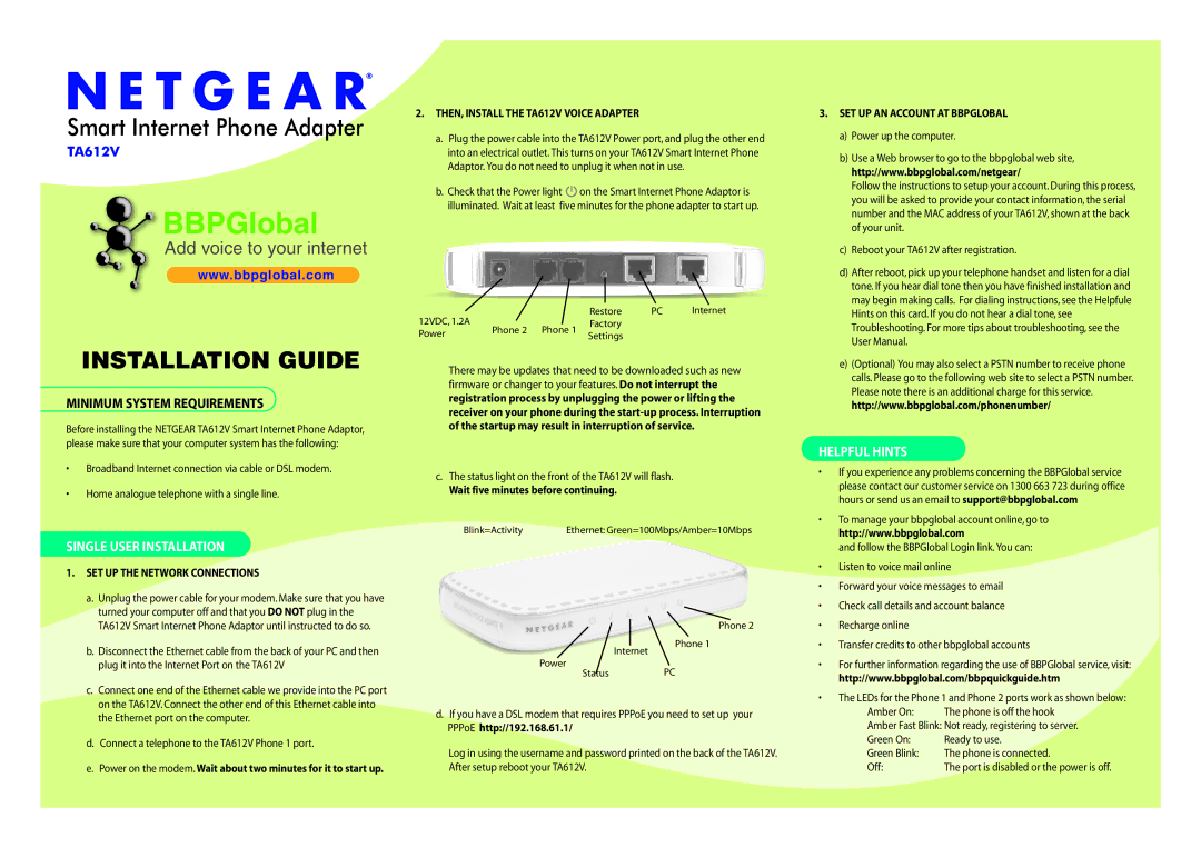 NETGEAR user manual Single User Installation, Helpful Hints, THEN, Install the TA612V Voice Adapter 