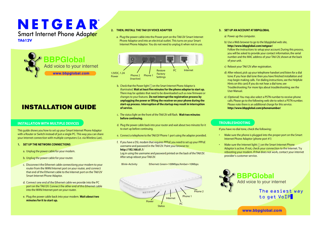 NETGEAR TA612V user manual Installation with Multiple Devices, Troubleshooting 