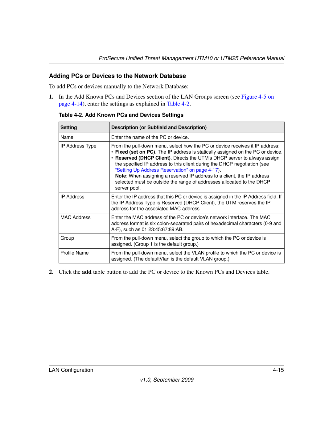 NETGEAR UTM25EW-100NAS, UTM25-100NAS Adding PCs or Devices to the Network Database, Add Known PCs and Devices Settings 