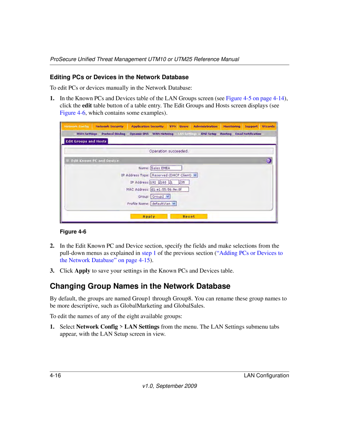 NETGEAR UTM25-100NAS manual Changing Group Names in the Network Database, Editing PCs or Devices in the Network Database 