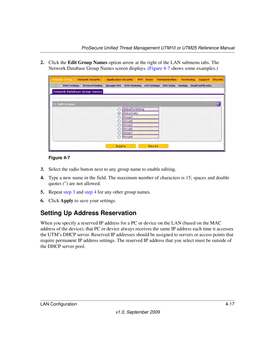 NETGEAR UTM10EW-100NAS, UTM25-100NAS, UTM25EW-100NAS manual Setting Up Address Reservation 