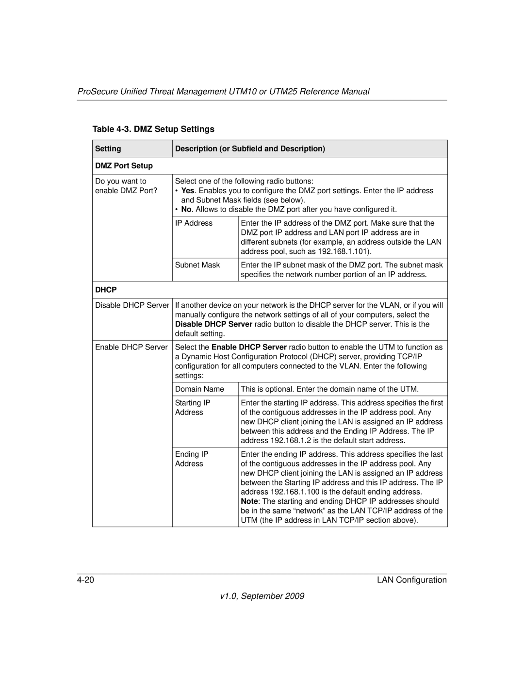 NETGEAR UTM10EW-100NAS, UTM25-100NAS, UTM25EW-100NAS manual DMZ Setup Settings 