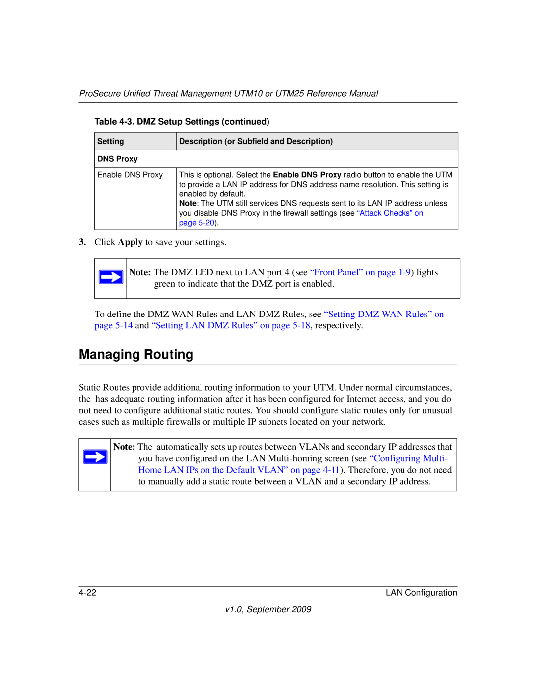 NETGEAR UTM25-100NAS, UTM10EW-100NAS manual Managing Routing, Setting Description or Subfield and Description DNS Proxy 