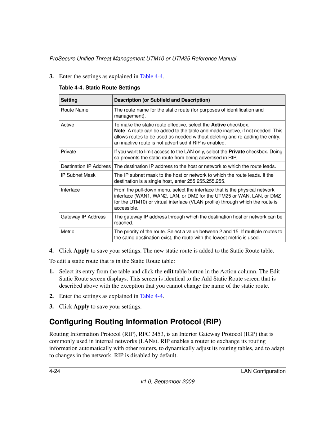 NETGEAR UTM25EW-100NAS, UTM25-100NAS, UTM10EW-100NAS Configuring Routing Information Protocol RIP, Static Route Settings 