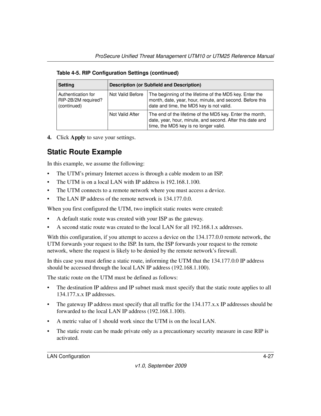 NETGEAR UTM25EW-100NAS, UTM25-100NAS, UTM10EW-100NAS manual Static Route Example 