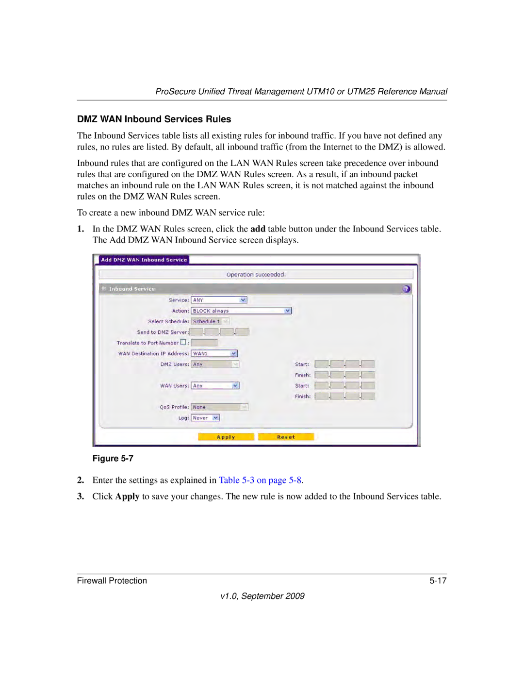 NETGEAR UTM25EW-100NAS, UTM25-100NAS, UTM10EW-100NAS manual DMZ WAN Inbound Services Rules 