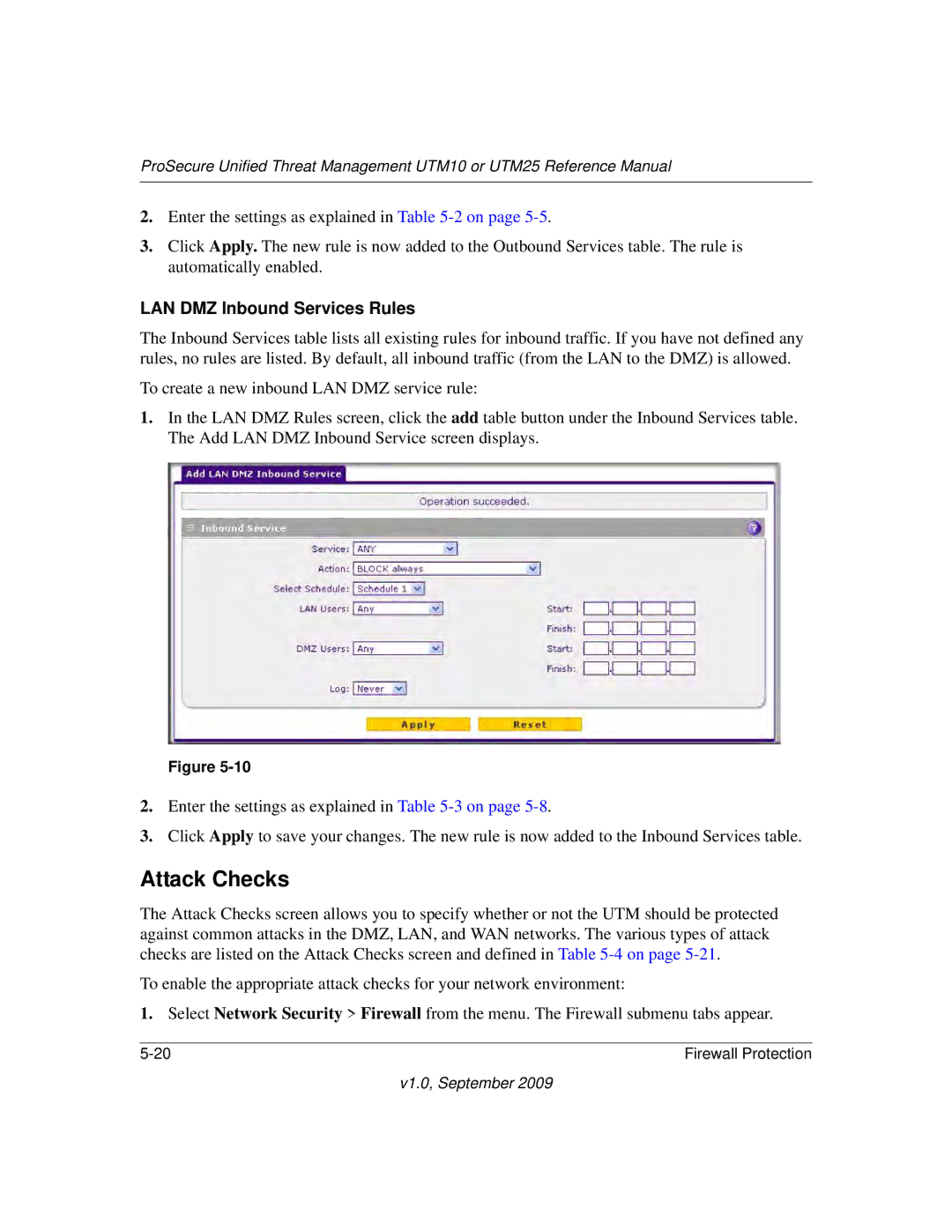 NETGEAR UTM25EW-100NAS, UTM25-100NAS, UTM10EW-100NAS manual Attack Checks, LAN DMZ Inbound Services Rules 
