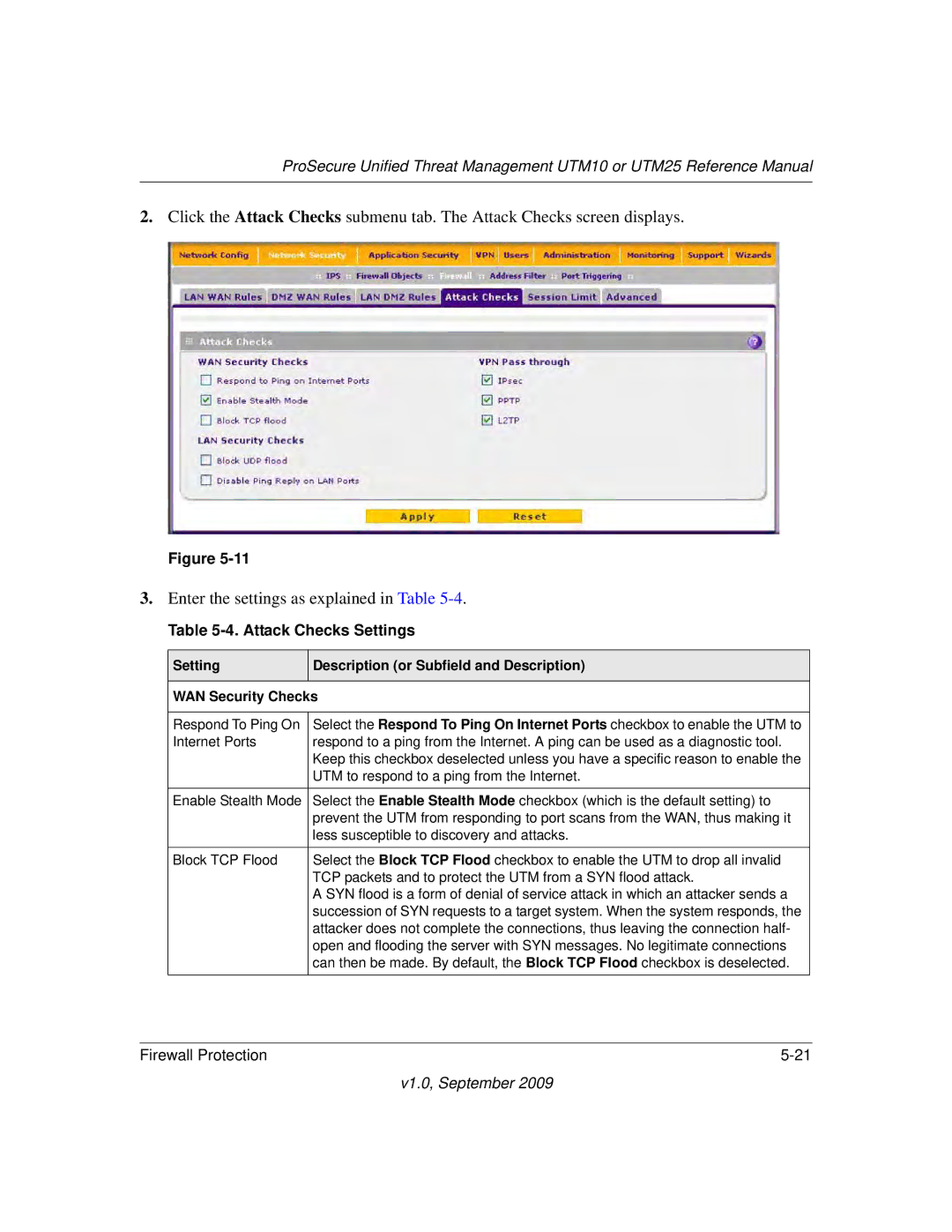 NETGEAR UTM25-100NAS, UTM10EW-100NAS, UTM25EW-100NAS manual Attack Checks Settings 