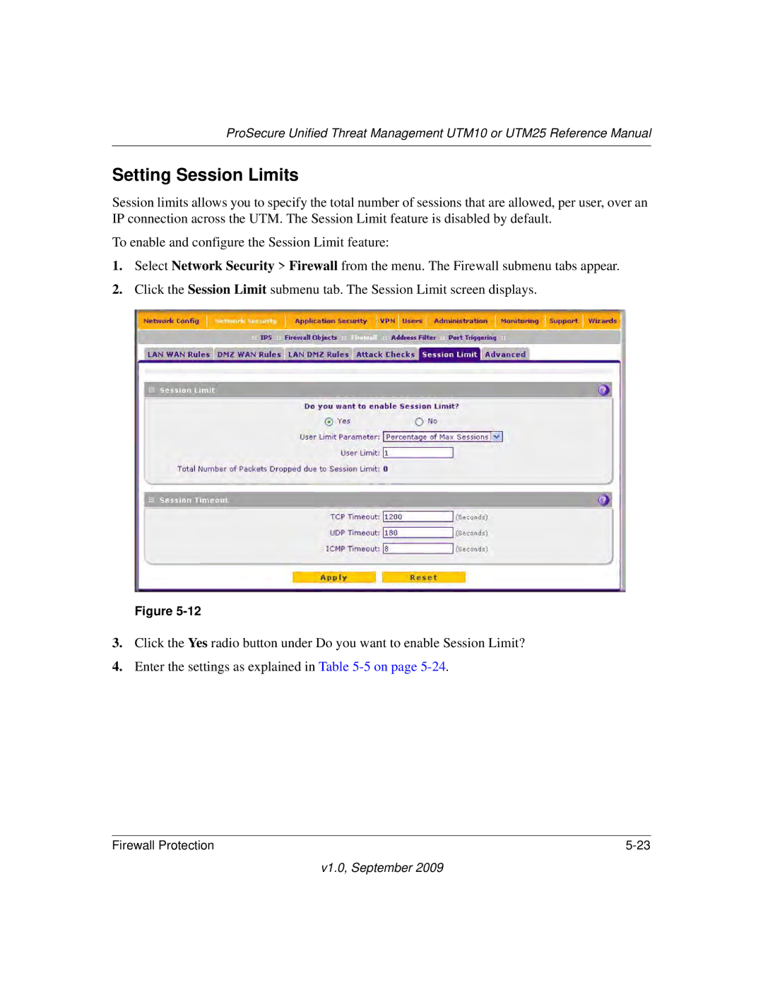 NETGEAR UTM25EW-100NAS, UTM25-100NAS, UTM10EW-100NAS manual Setting Session Limits 