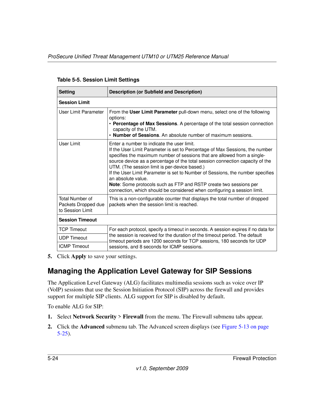 NETGEAR UTM25-100NAS Managing the Application Level Gateway for SIP Sessions, Session Limit Settings, Session Timeout 