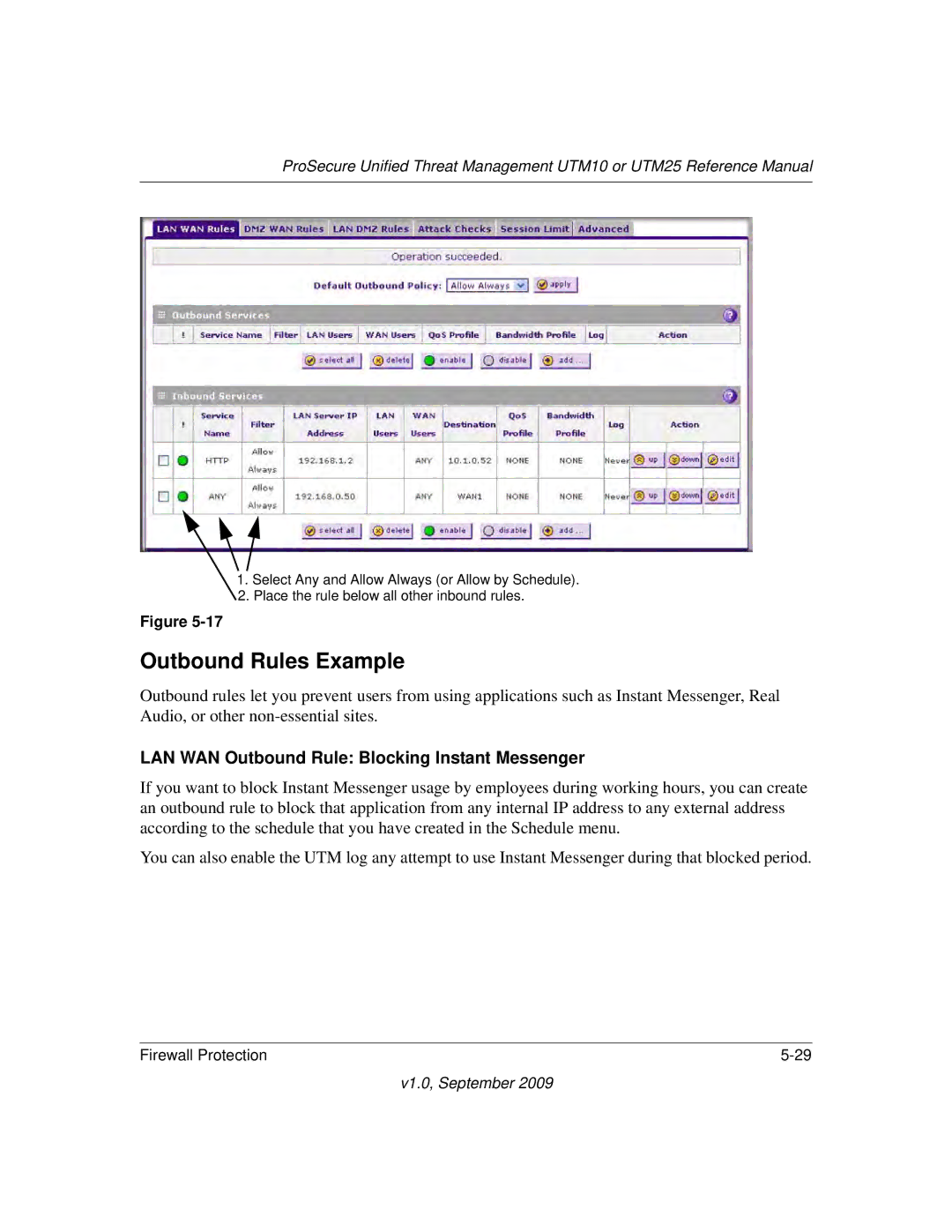 NETGEAR UTM25EW-100NAS, UTM25-100NAS manual Outbound Rules Example, LAN WAN Outbound Rule Blocking Instant Messenger 