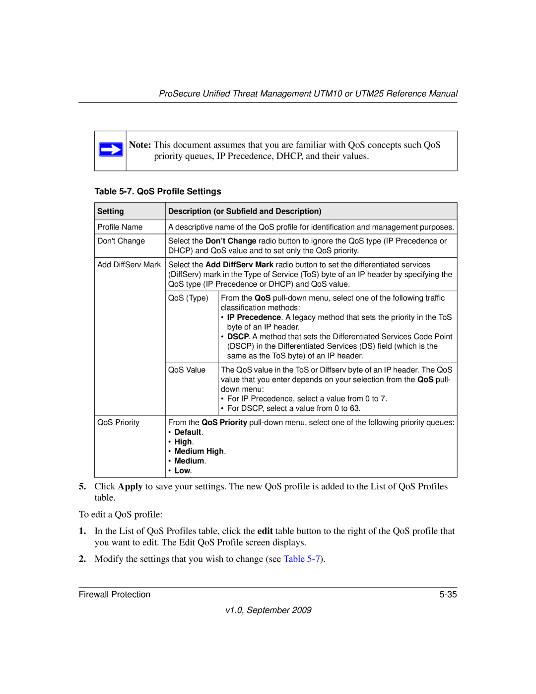 NETGEAR UTM25EW-100NAS, UTM25-100NAS, UTM10EW-100NAS manual QoS Profile Settings, Default High Medium High Low 