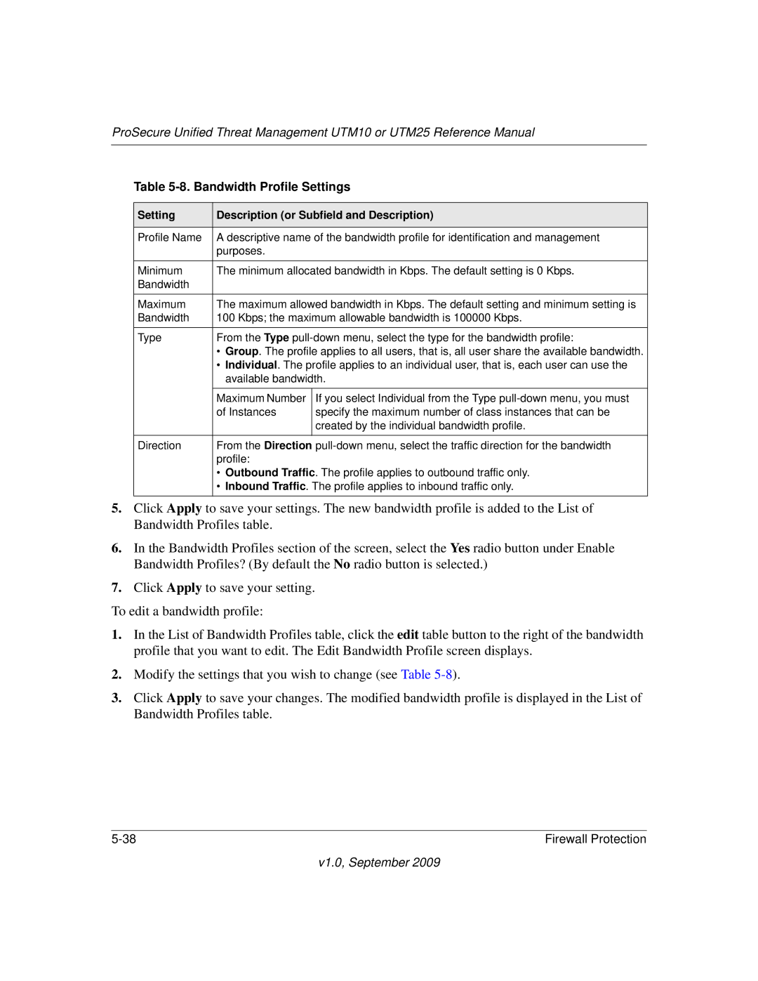 NETGEAR UTM25EW-100NAS, UTM25-100NAS manual Bandwidth Profile Settings, Setting Description or Subfield and Description 