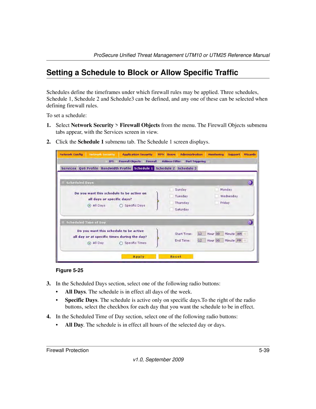 NETGEAR UTM25-100NAS, UTM10EW-100NAS, UTM25EW-100NAS manual Setting a Schedule to Block or Allow Specific Traffic 