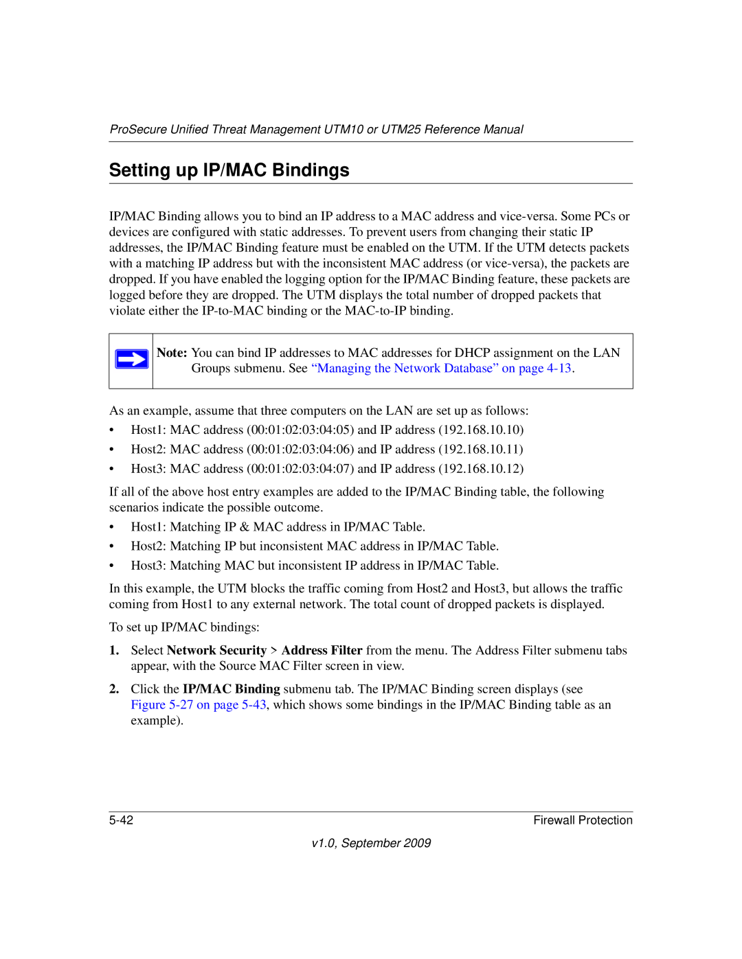 NETGEAR UTM25-100NAS, UTM10EW-100NAS, UTM25EW-100NAS manual Setting up IP/MAC Bindings 