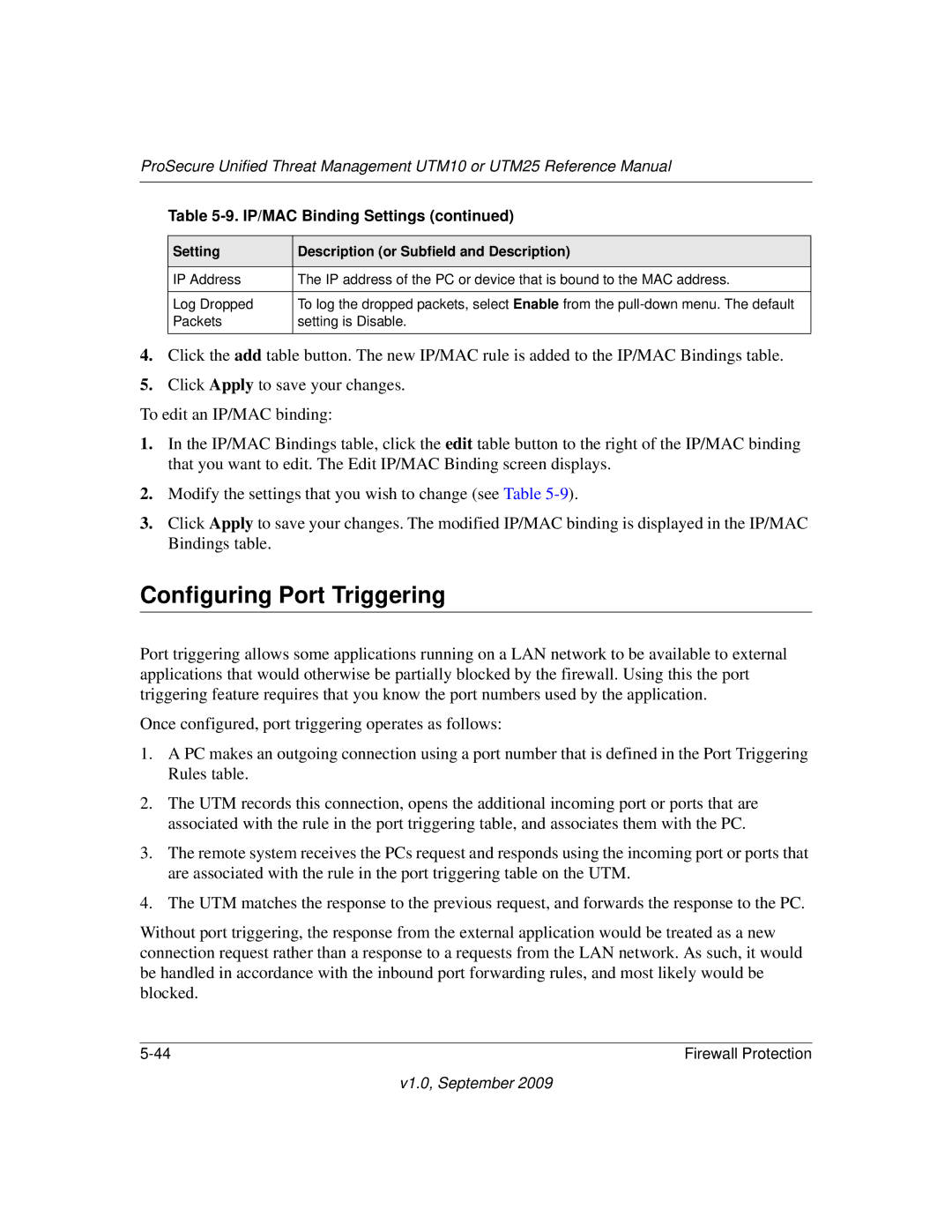 NETGEAR UTM25EW-100NAS, UTM25-100NAS manual Configuring Port Triggering, Setting Description or Subfield and Description 