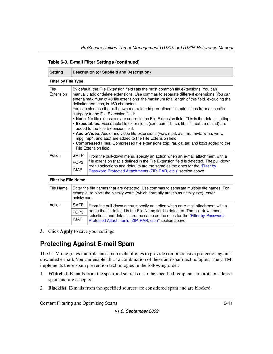 NETGEAR UTM10EW-100NAS manual Protecting Against E-mail Spam, Password-Protected Attachments ZIP, RAR, etc. section above 