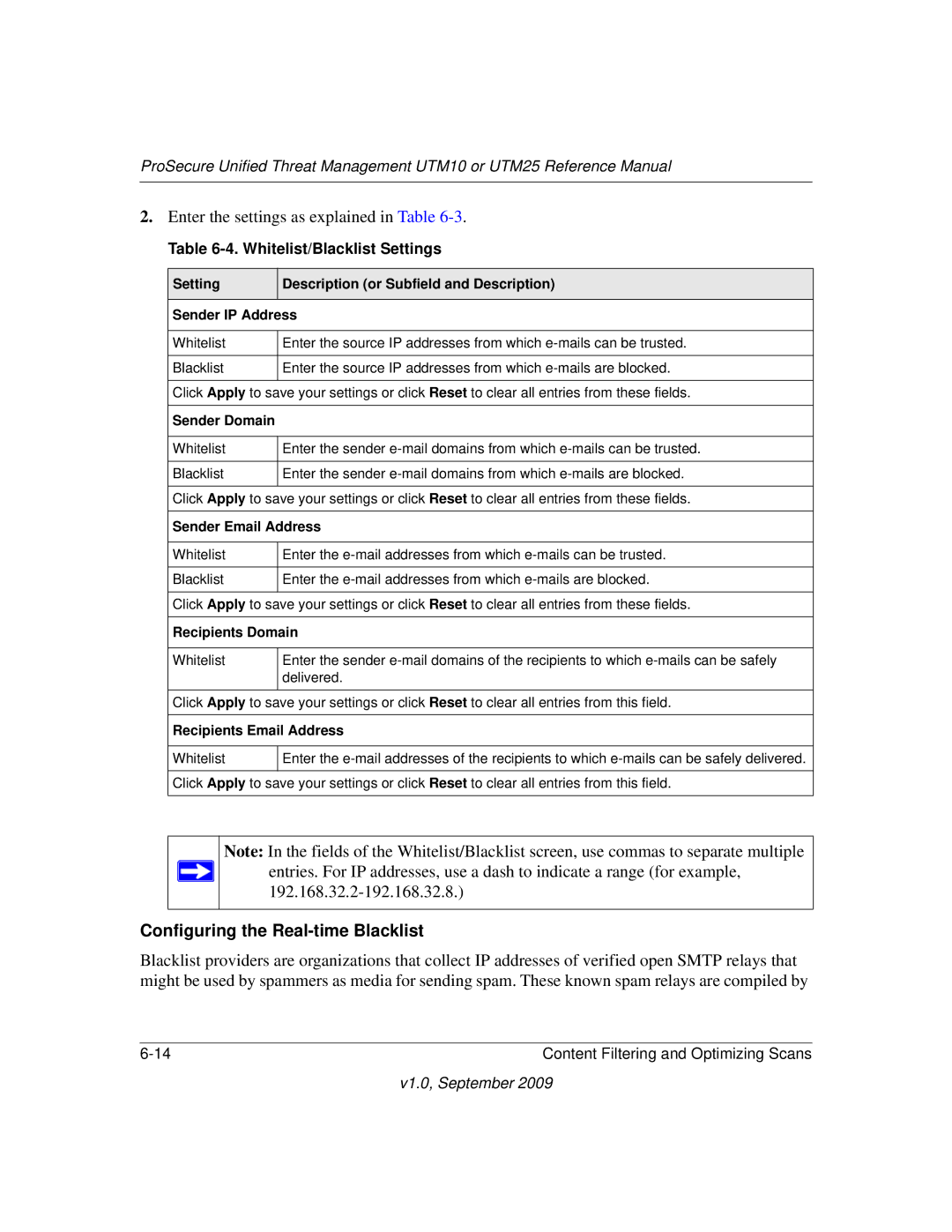 NETGEAR UTM10EW-100NAS, UTM25-100NAS, UTM25EW-100NAS manual Configuring the Real-time Blacklist, Whitelist/Blacklist Settings 