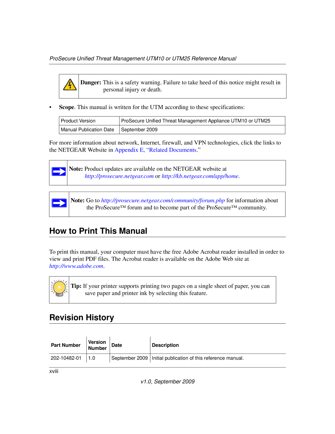 NETGEAR UTM25-100NAS, UTM10EW-100NAS, UTM25EW-100NAS manual How to Print This Manual, Revision History 