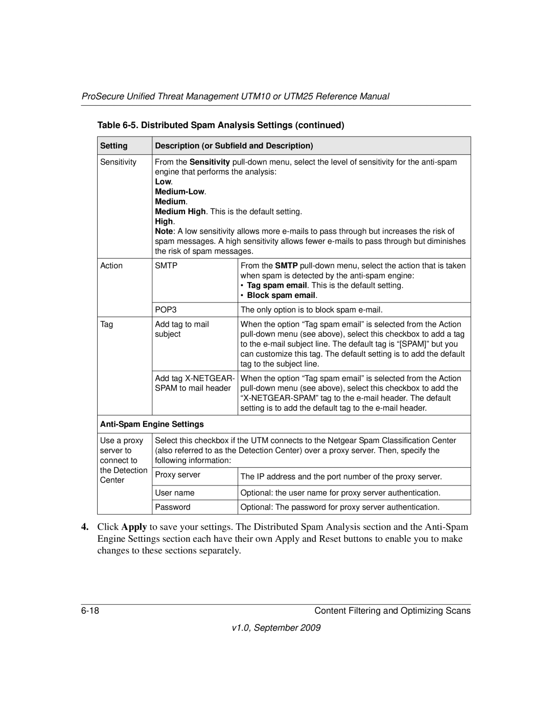 NETGEAR UTM25EW-100NAS, UTM25-100NAS, UTM10EW-100NAS manual Low Medium-Low, Block spam email, Anti-Spam Engine Settings 