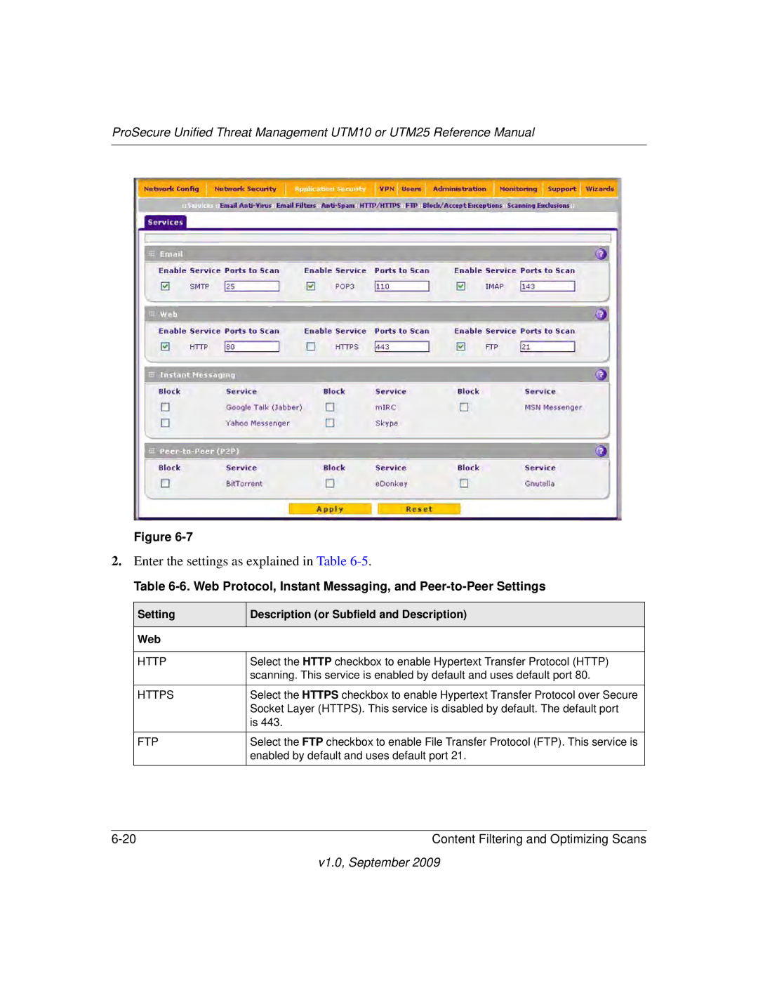 NETGEAR UTM10EW-100NAS, UTM25-100NAS, UTM25EW-100NAS manual Web Protocol, Instant Messaging, and Peer-to-Peer Settings 