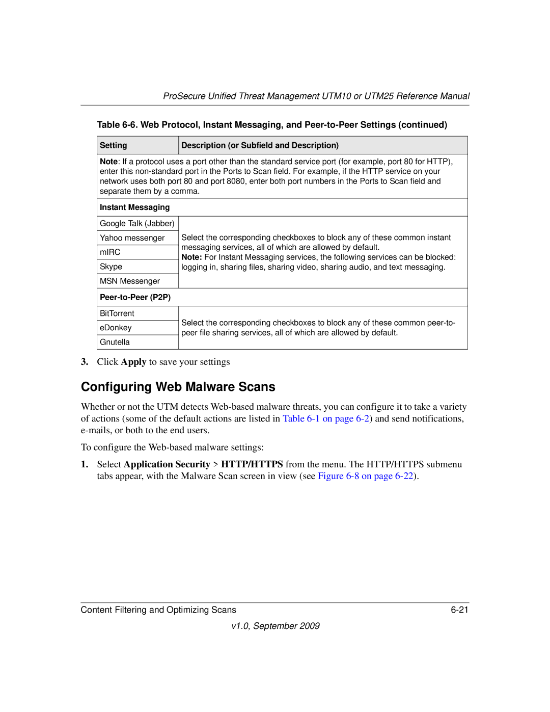 NETGEAR UTM25EW-100NAS, UTM25-100NAS, UTM10EW-100NAS manual Configuring Web Malware Scans, Peer-to-Peer P2P 