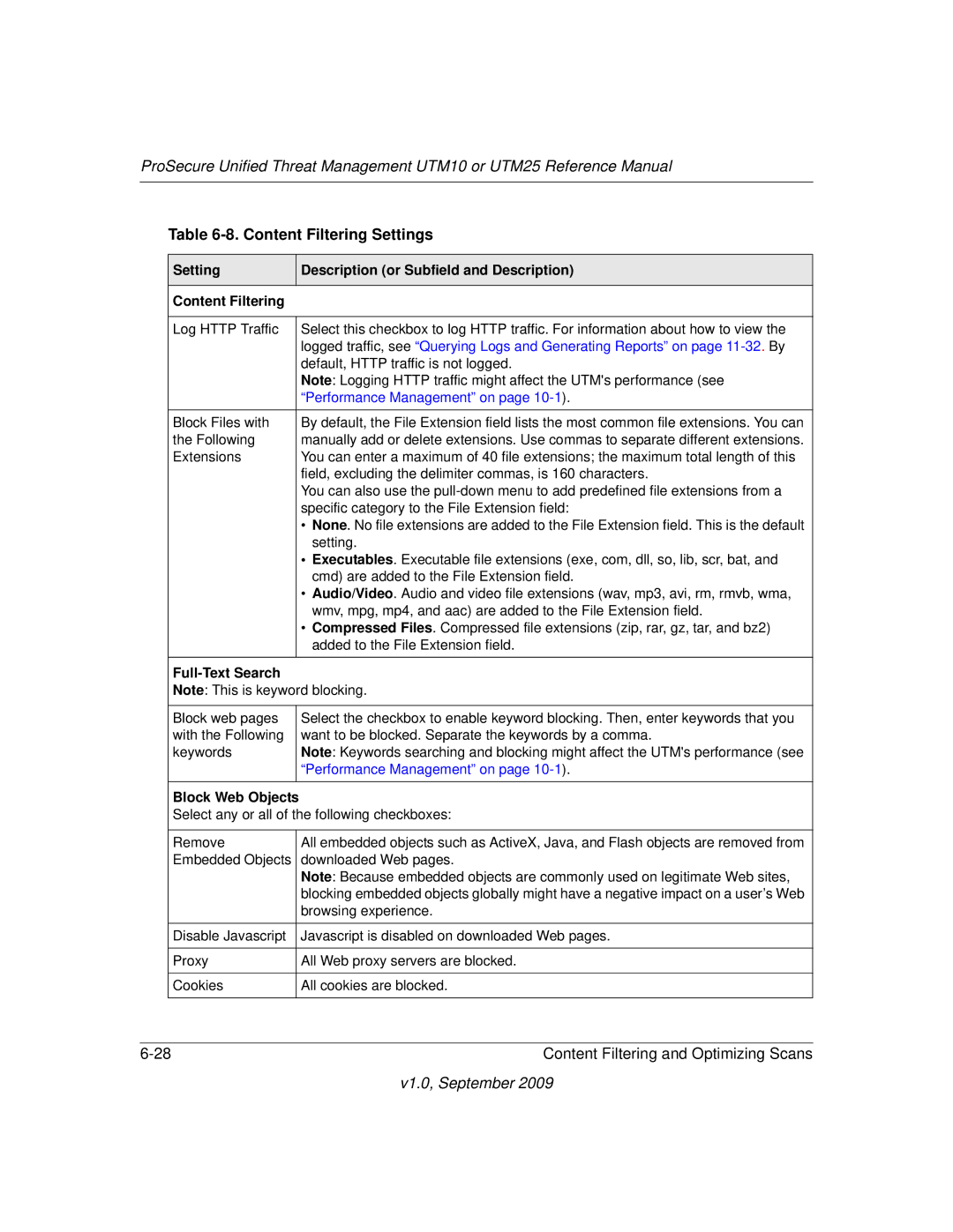 NETGEAR UTM25-100NAS manual Content Filtering Settings, Performance Management on, Full-Text Search, Block Web Objects 