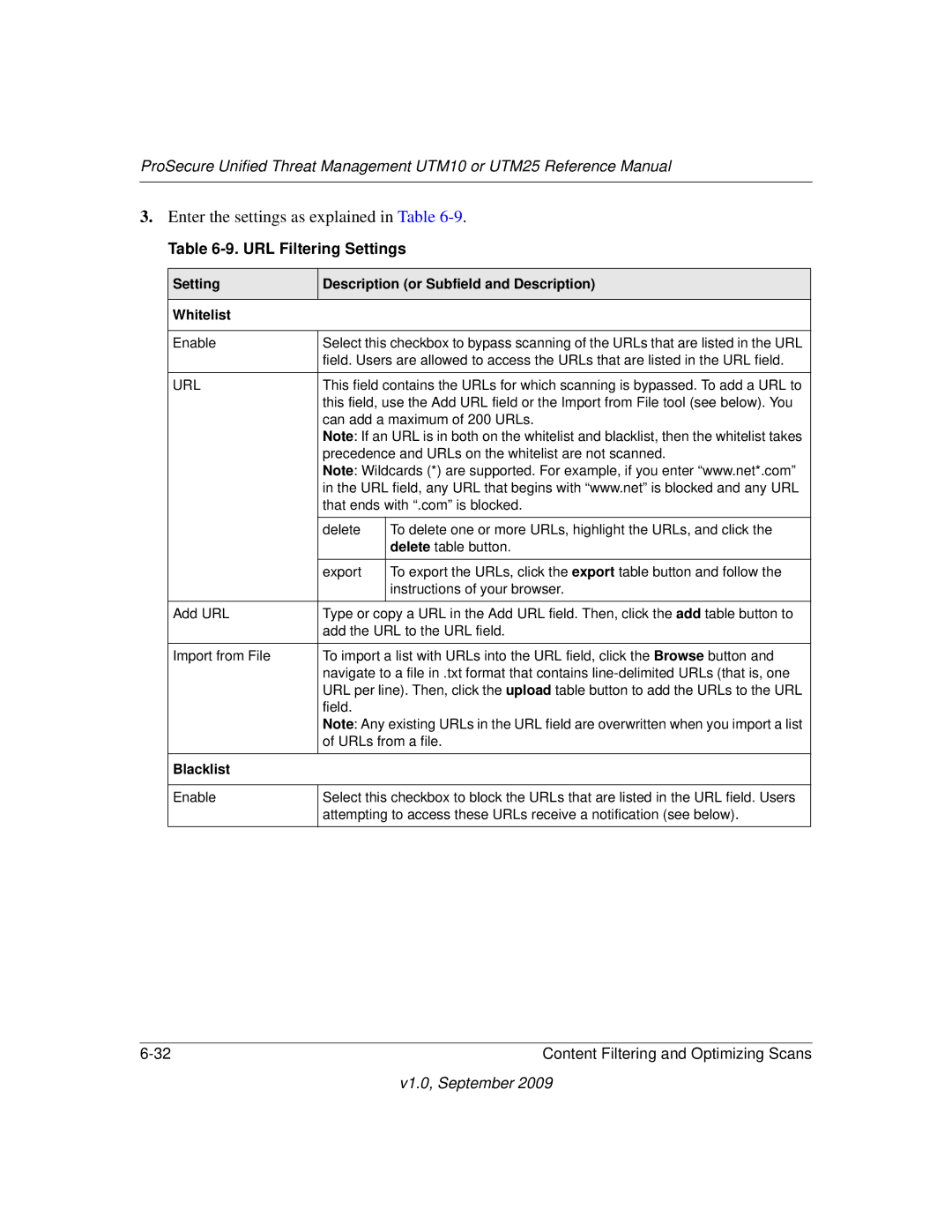 NETGEAR UTM10EW-100NAS manual URL Filtering Settings, Setting Description or Subfield and Description Whitelist, Blacklist 