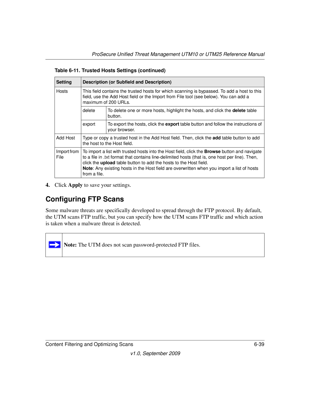 NETGEAR UTM25EW-100NAS, UTM25-100NAS, UTM10EW-100NAS manual Configuring FTP Scans, Hosts 