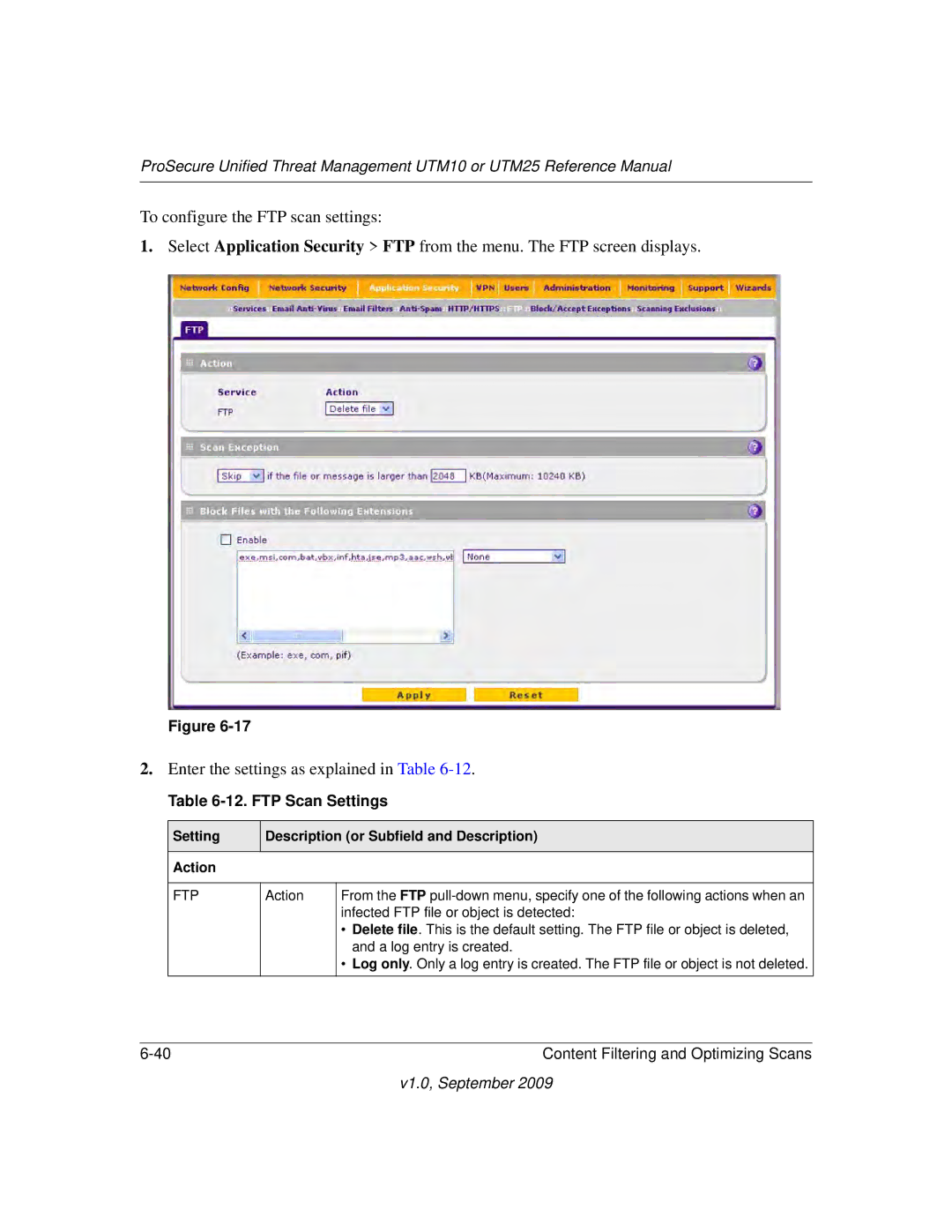 NETGEAR UTM25-100NAS, UTM10EW-100NAS manual FTP Scan Settings, Setting Description or Subfield and Description Action 