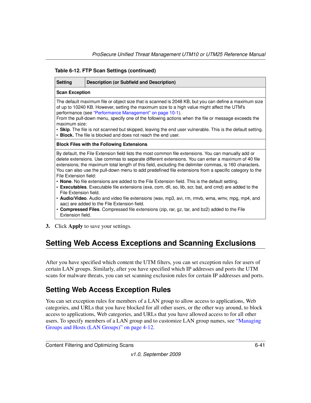 NETGEAR UTM10EW-100NAS manual Setting Web Access Exceptions and Scanning Exclusions, Setting Web Access Exception Rules 