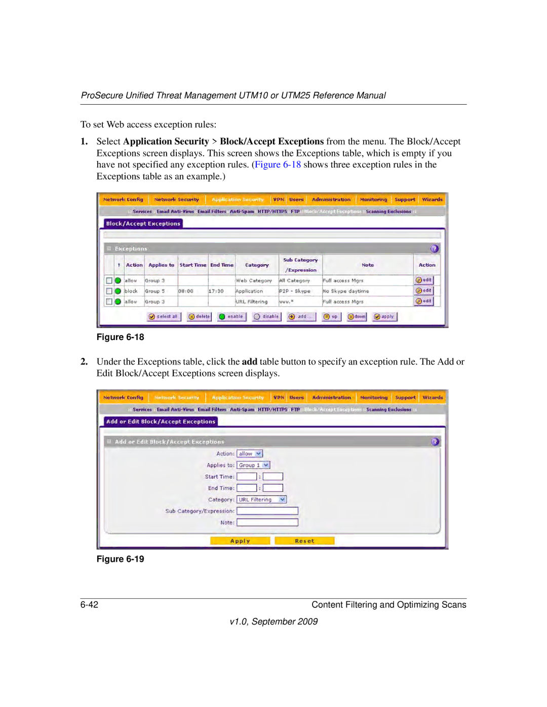 NETGEAR UTM25EW-100NAS, UTM25-100NAS, UTM10EW-100NAS manual To set Web access exception rules 