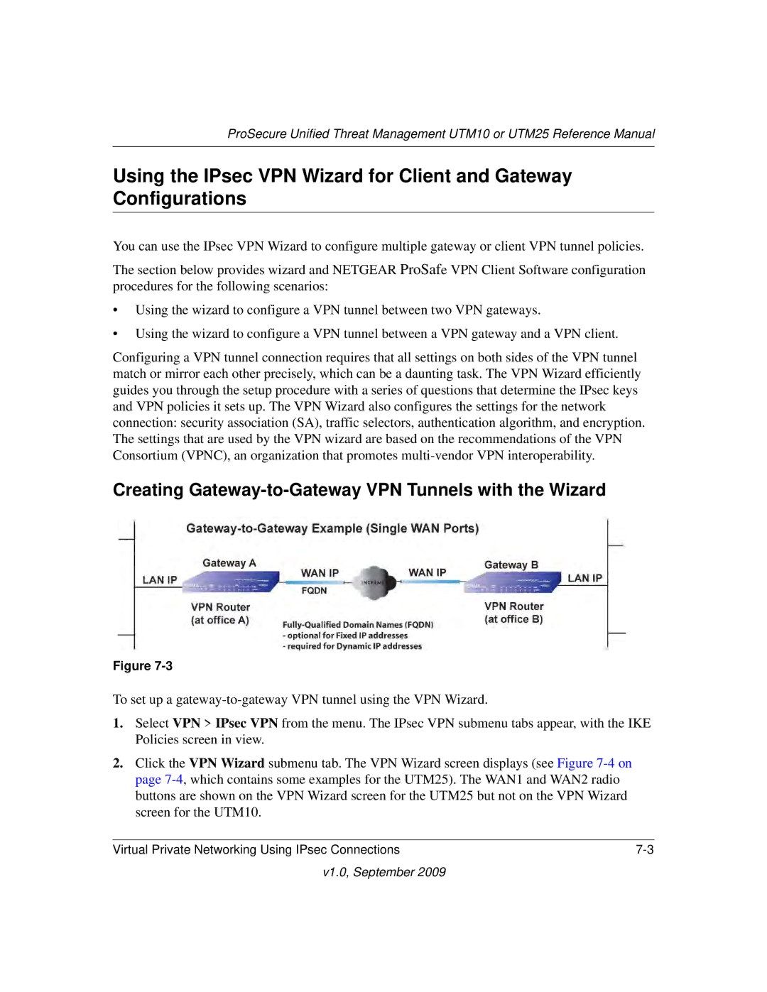 NETGEAR UTM25-100NAS, UTM10EW-100NAS, UTM25EW-100NAS manual Creating Gateway-to-Gateway VPN Tunnels with the Wizard 