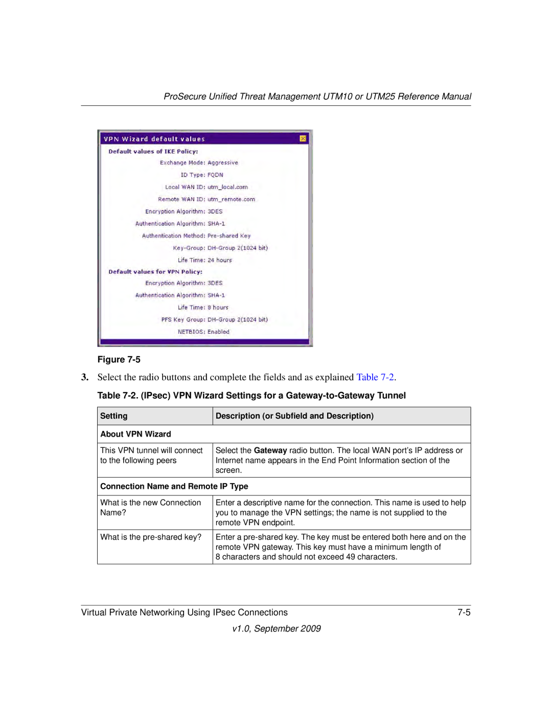 NETGEAR UTM25EW-100NAS manual IPsec VPN Wizard Settings for a Gateway-to-Gateway Tunnel, Connection Name and Remote IP Type 