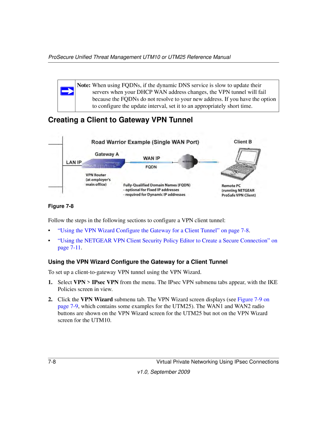 NETGEAR UTM25EW-100NAS, UTM25-100NAS, UTM10EW-100NAS manual Creating a Client to Gateway VPN Tunnel 