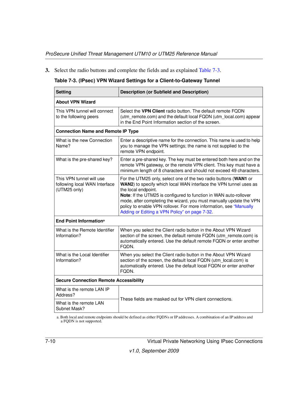 NETGEAR UTM10EW-100NAS, UTM25-100NAS, UTM25EW-100NAS manual IPsec VPN Wizard Settings for a Client-to-Gateway Tunnel, Fqdn 